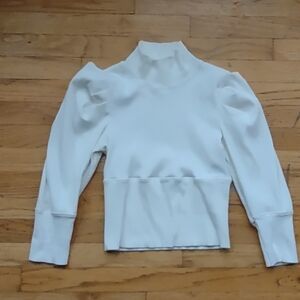 Free People Lala Tee Puff Sleeve Cropped  Turtleneck Top, White, M
